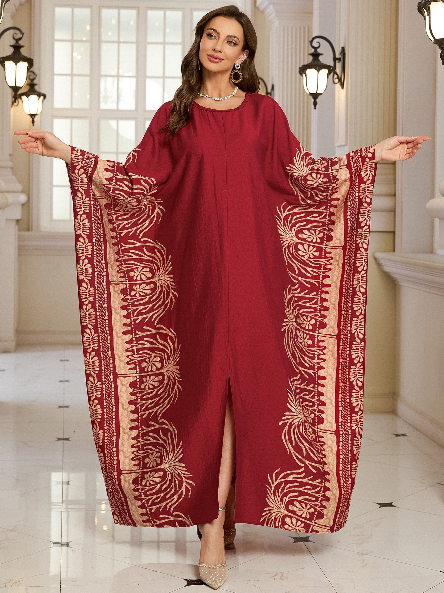 Geometric Pattern Kaftan Maxi Dress with Long Batwing Sleeves for Beach Cover Up